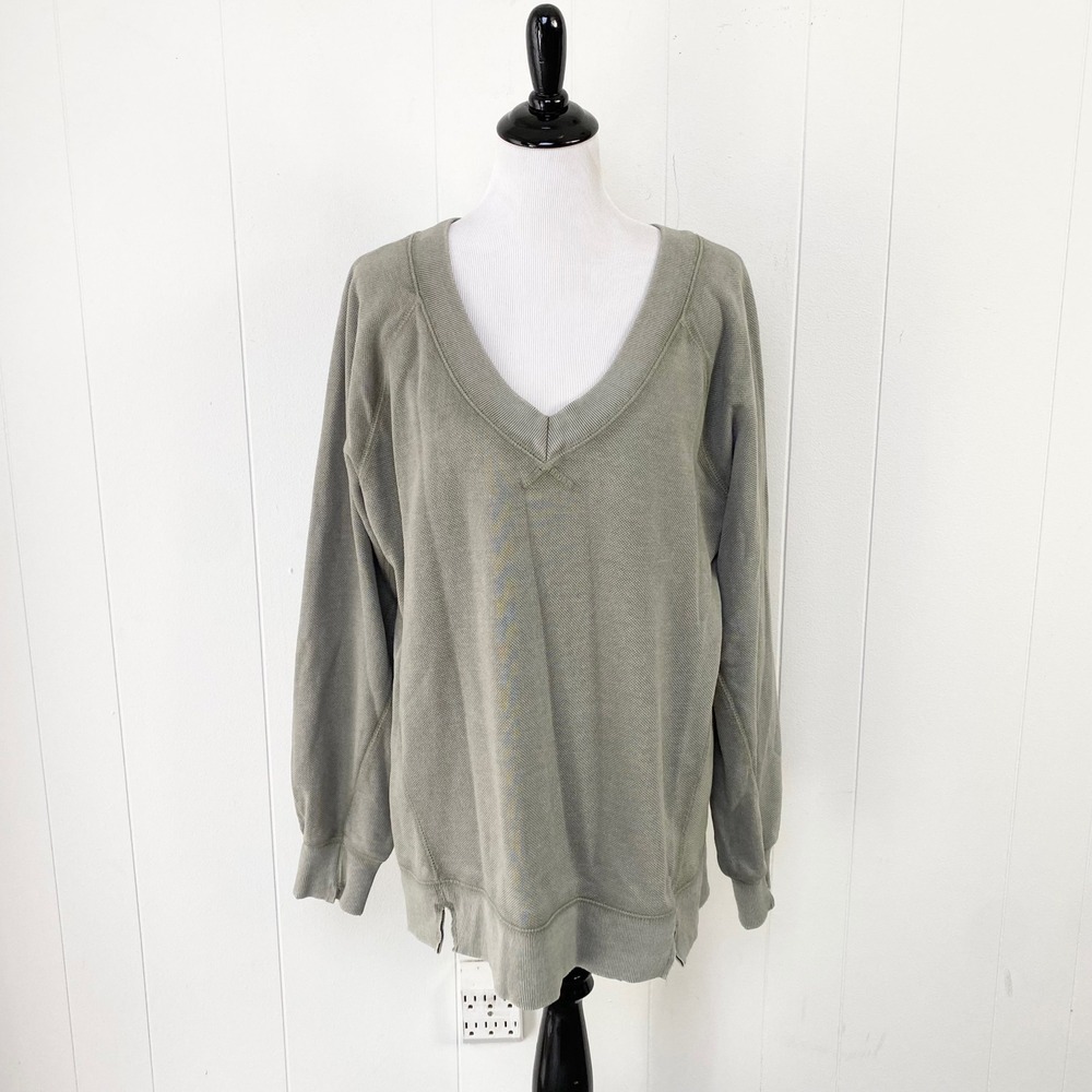 Aerie Women Olive Green Waffle Knit V-Neck Oversized Sweatshirt Pullover S